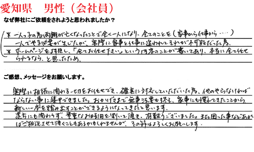 相続手続き代行をご依頼いただいた愛知県・男性・会社員のご依頼者様の直筆アンケート
